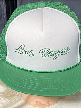VTG 80s 90s Las Vegas Mesh Trucker Snapback Hat Cap Green Script Lettering OS